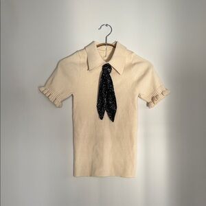 Elegant Cream Knit Top with Black Tie Detail